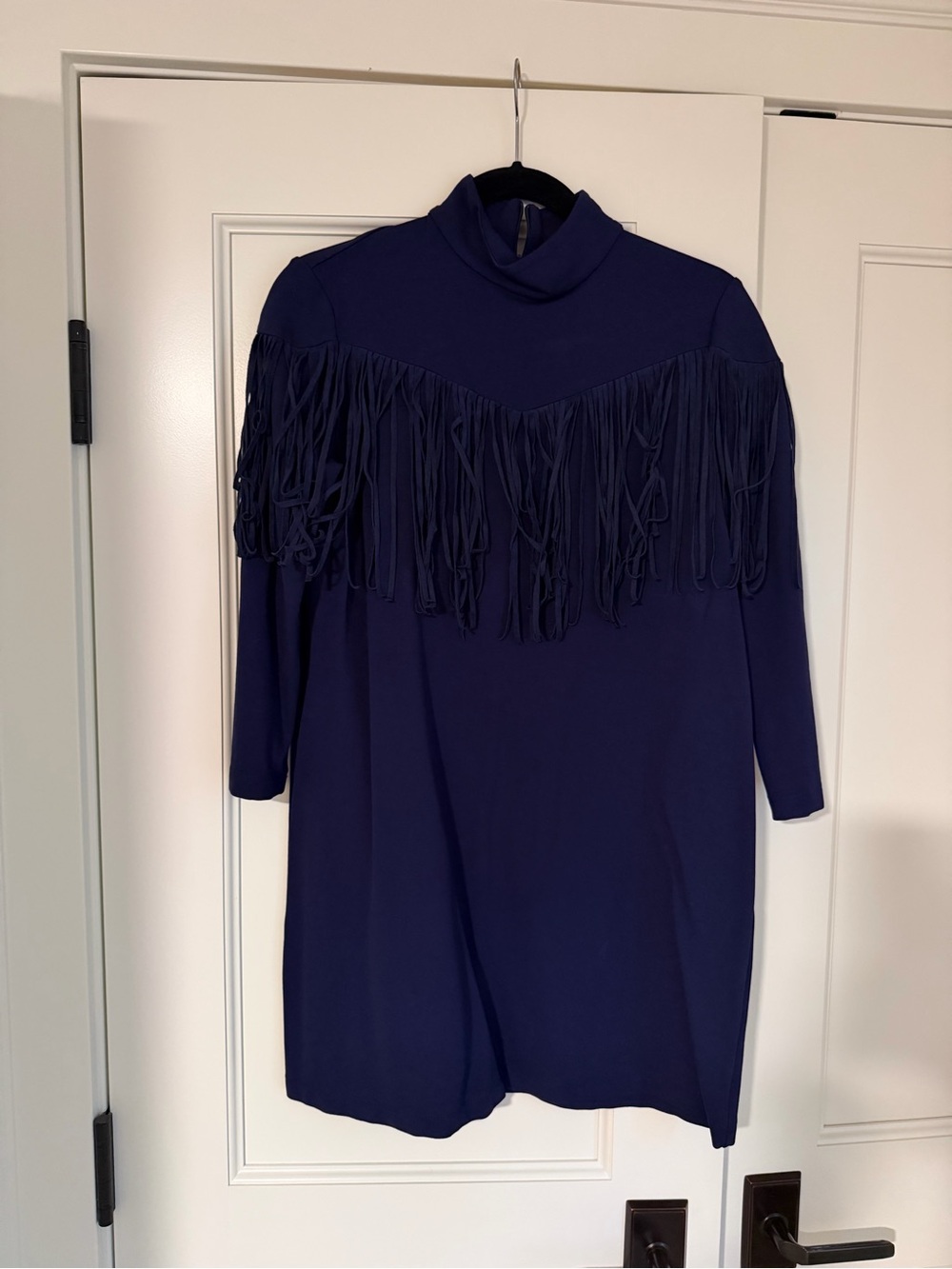 Tuckernuck Fringe Western Mock Neck Shift Dress in Deep Navy